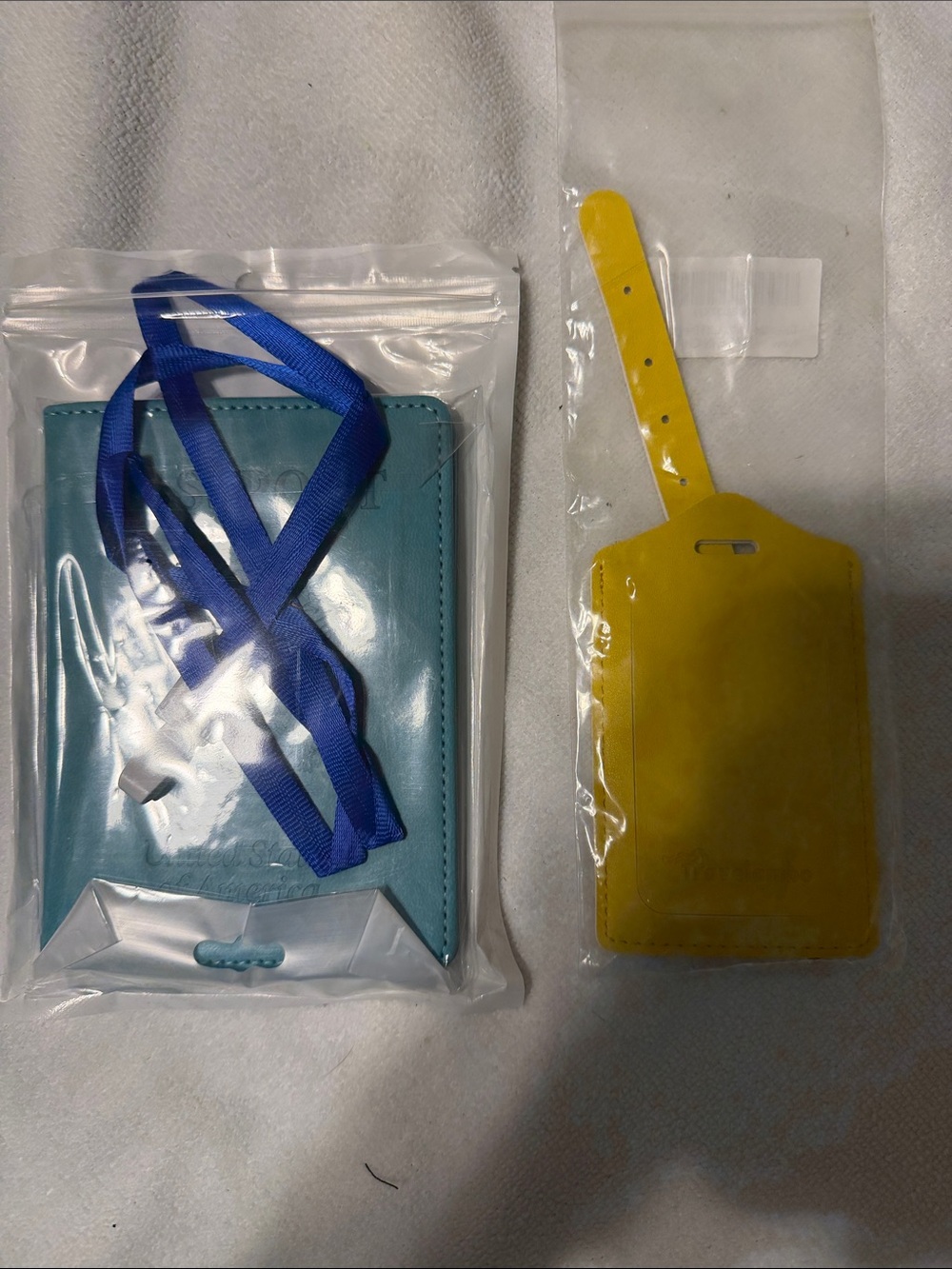 Turquoise Passport Holder with Blue Lanyard + Yellow Luggage Tag
